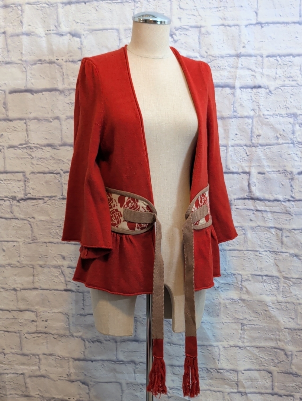 Anthropologie Moth Rose Open Cardigan w/ Bow Waist Detail - Size Large - Picture 3 of 6